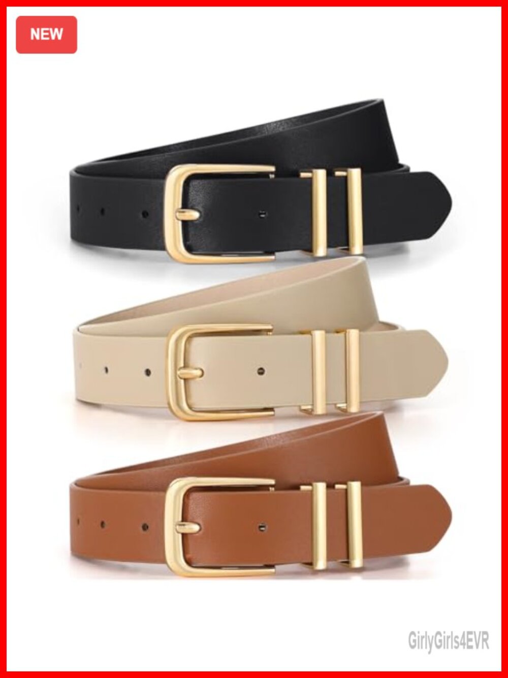 Faux Leather Women's Belts 3 Pack Gold Alloy Buckle Waist Belt for Jeans